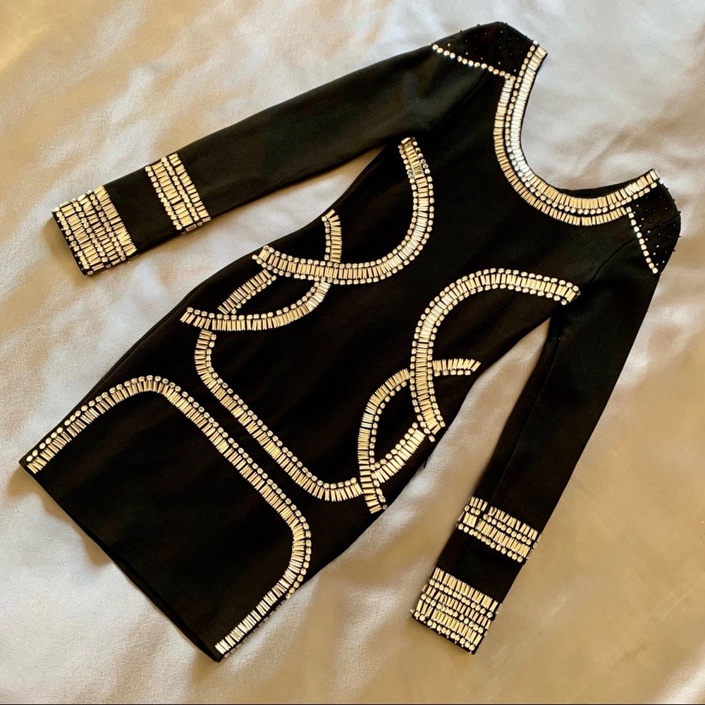 Black Intricate Beaded Bandage Bodycon Dress